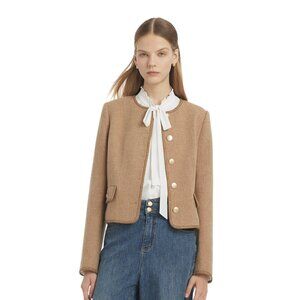 GOELIA Classic Camel Herringbone Tweed Merino Wool Gold Trim Cropped Jacket NWT